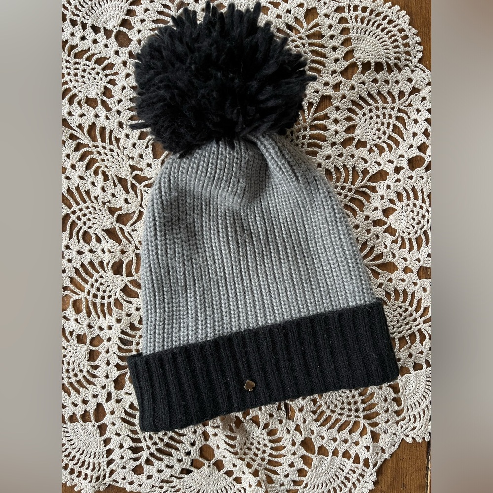 Kate Spade, black and gray knit beanie with big pom on top